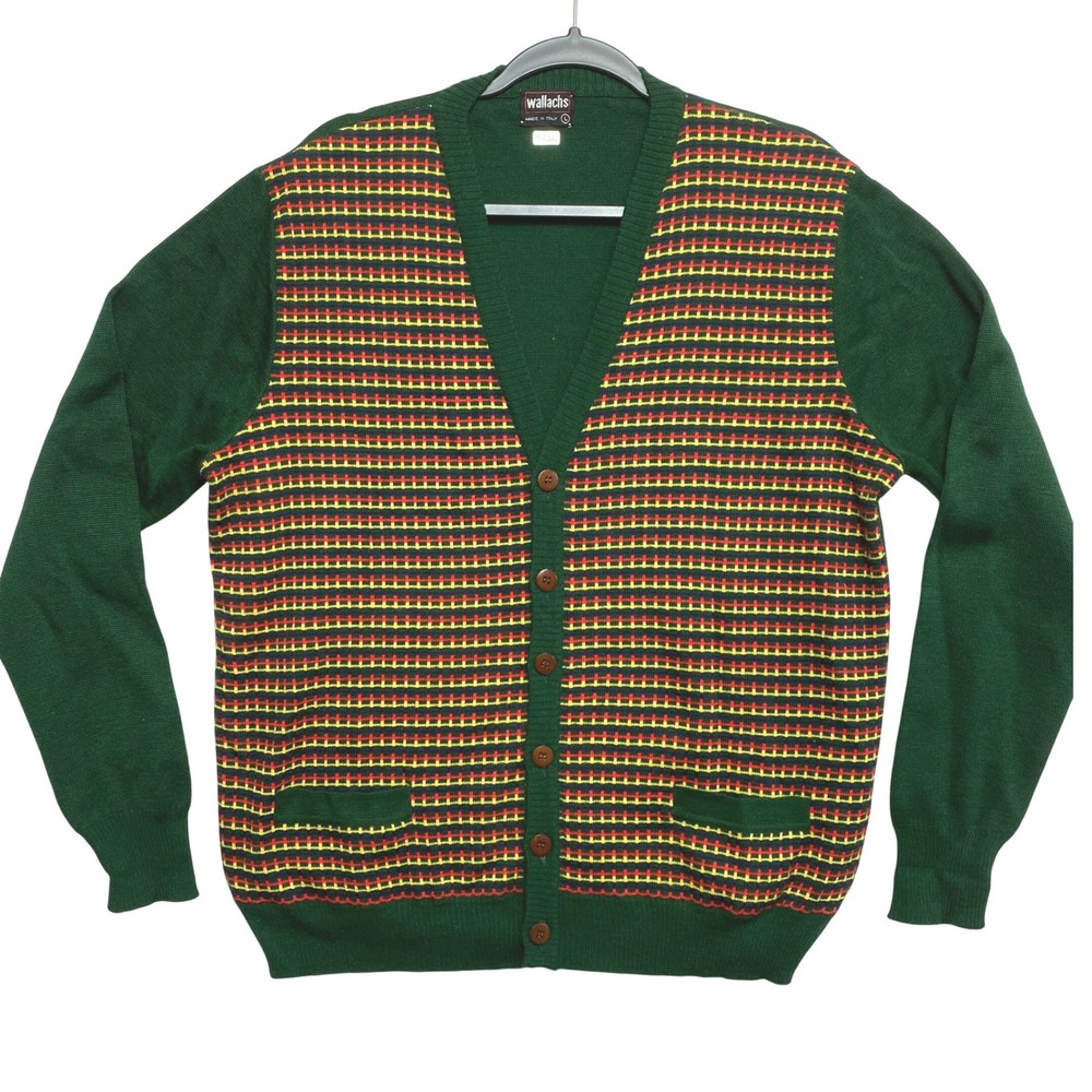 Vintage Wallachs Sweater Mens L Green Striped Wool Blend Cardigan Made in Italy